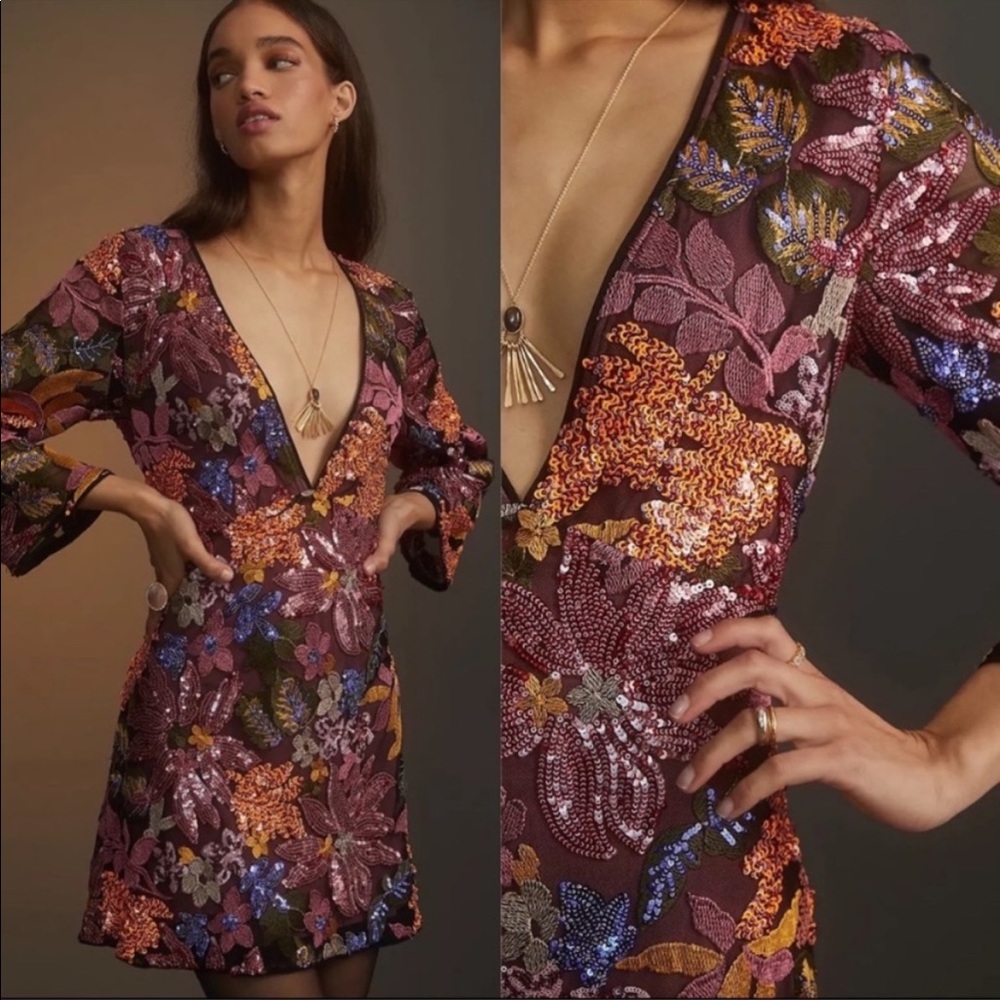 Anthropologie Sequin Embroidered Mini Dress Floral Pattern V-Neck Dress size 14